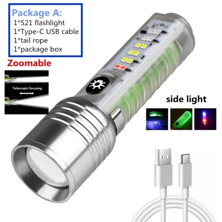 520A Multifunctional Zoom Flashlight | Rechargeable Torch with White, Red, Blue &amp; UV LED + White Laser View Gallery - Pakistan