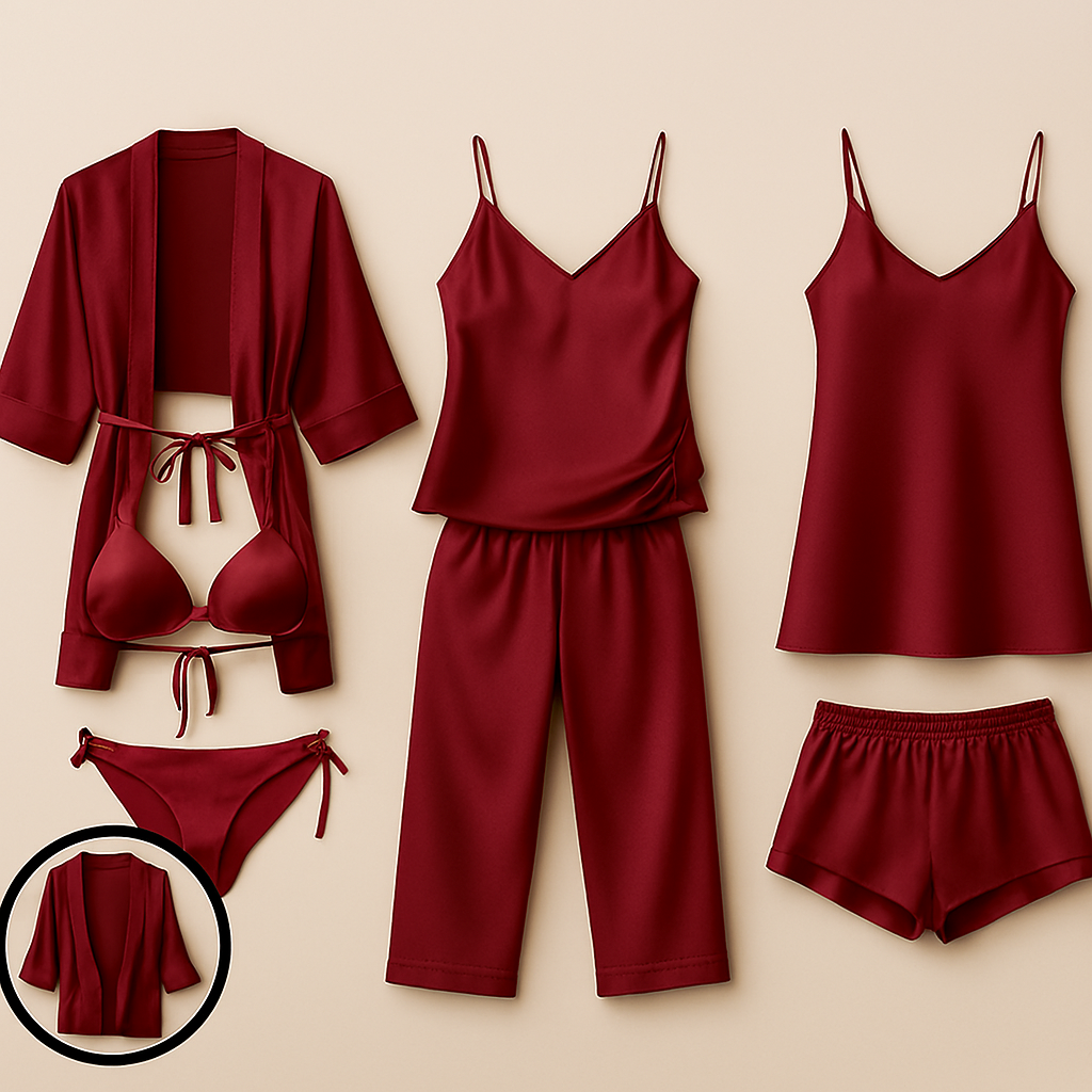 7-Piece Satin Sleepwear & Lingerie Set for Women – Luxury Nightwear Collection with Robe, Slip Dress, Free Size  (DC-7001) View Gallery - Pakistan