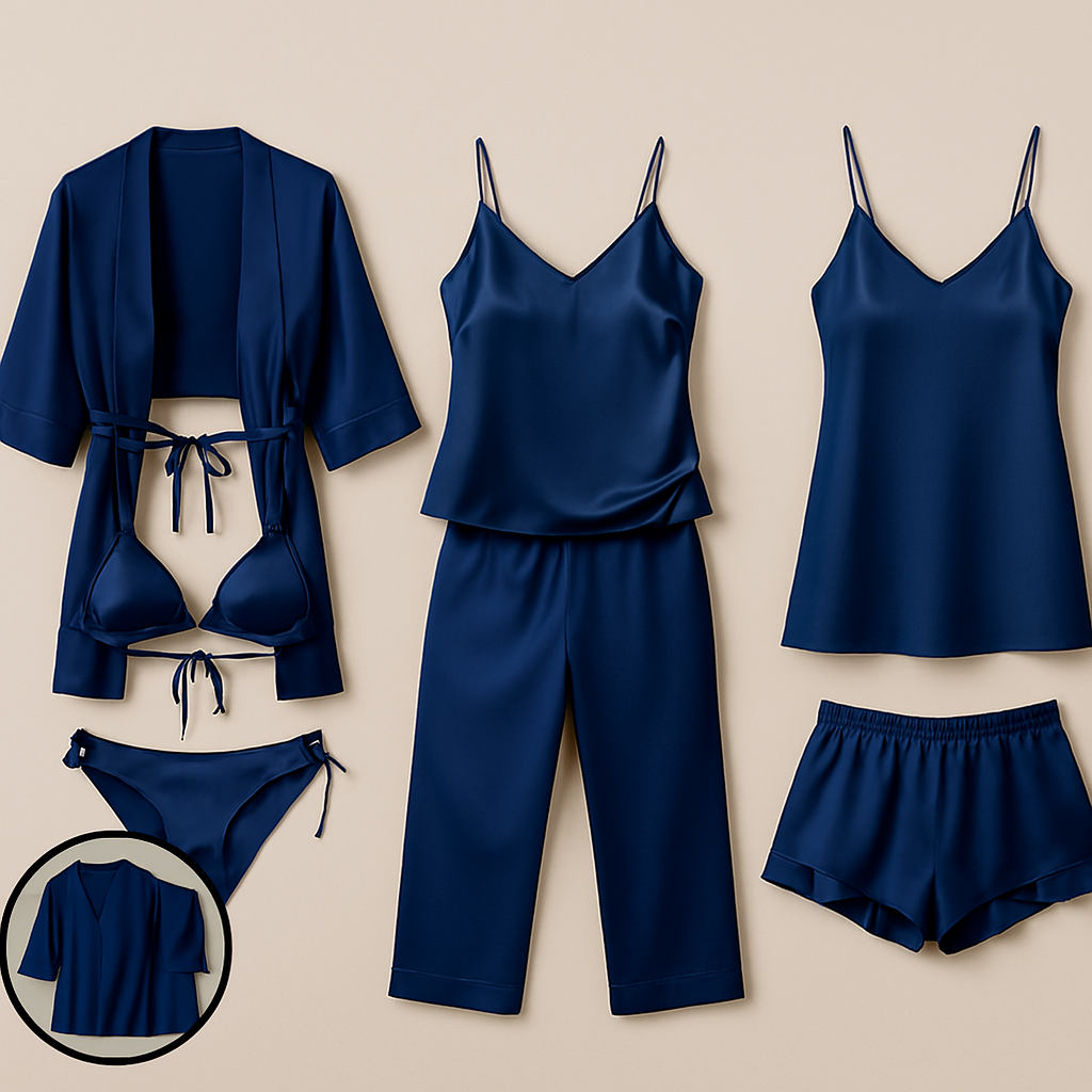 7-Piece Satin Sleepwear & Lingerie Set for Women – Luxury Nightwear Collection with Robe, Slip Dress, Free Size  (DC-7001) View Gallery - Pakistan