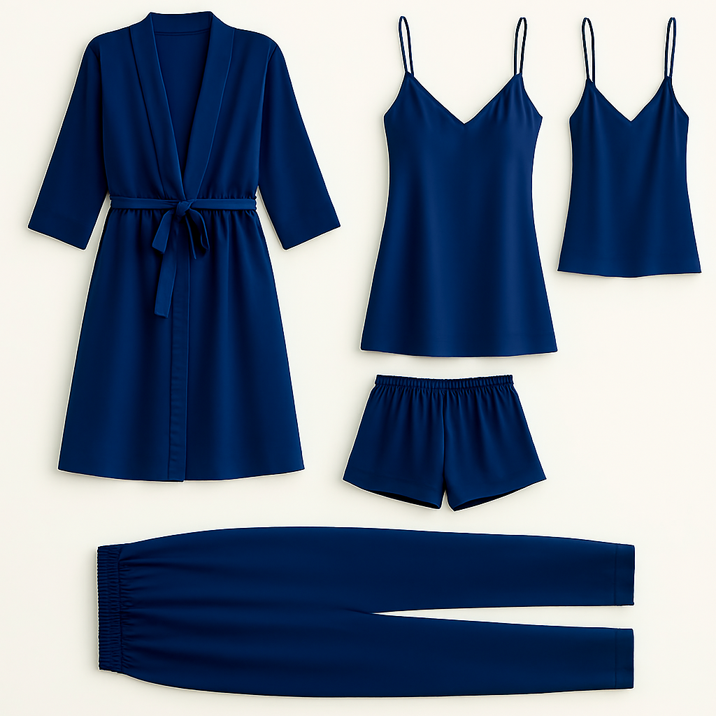 5-Piece Satin Sleepwear Set – Robe, Camisole, Shorts, Pants &amp; Slip Dress Free Size (DC-5003)