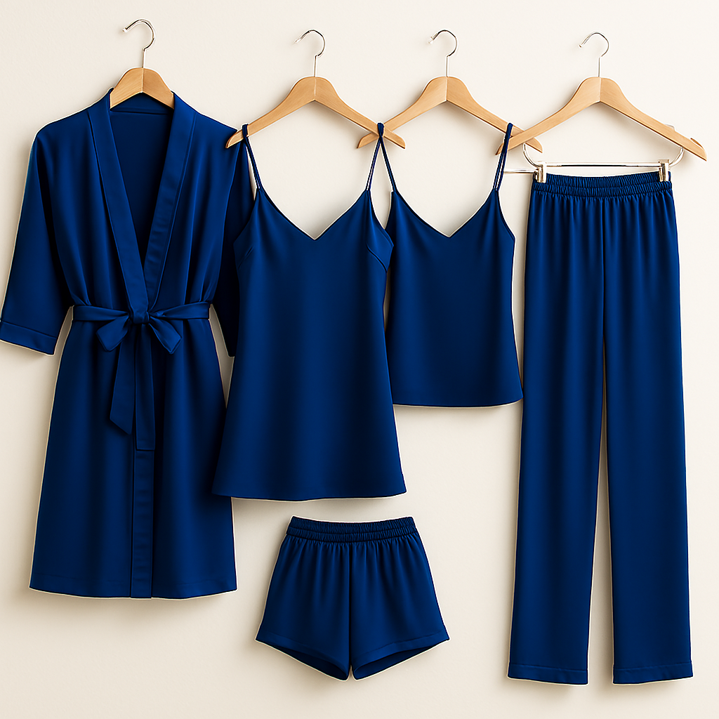 5-Piece Satin Sleepwear Set – Robe, Camisole, Shorts, Pants & Slip Dress Free Size (DC-5003) View Gallery - Pakistan