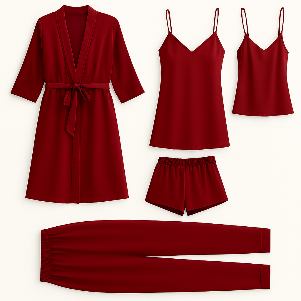 5-Piece Satin Sleepwear Set – Robe, Camisole, Shorts, Pants & Slip Dress Free Size (DC-5003) View Gallery - Pakistan