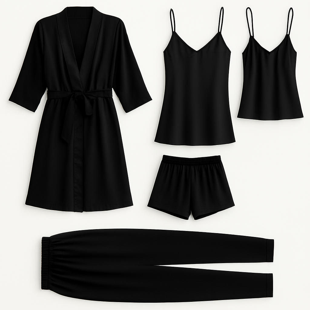 5-Piece Satin Sleepwear Set – Robe, Camisole, Shorts, Pants & Slip Dress Free Size (DC-5003) View Gallery - Pakistan