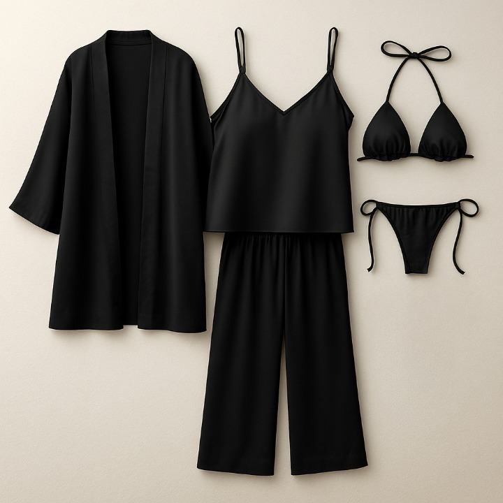 5-Piece Satin Sleepwear Set – Robe, Camisole, Pants &amp; Bikini Nightwear ( DC-5002)