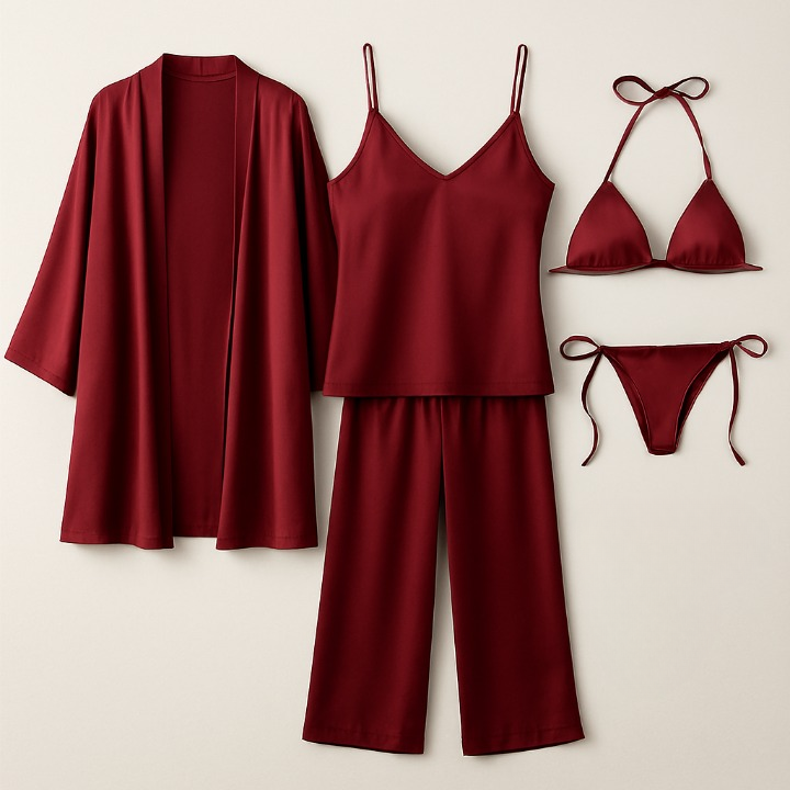 5-Piece Satin Sleepwear Set – Robe, Camisole, Pants & Bikini Nightwear ( DC-5002) View Gallery - Pakistan