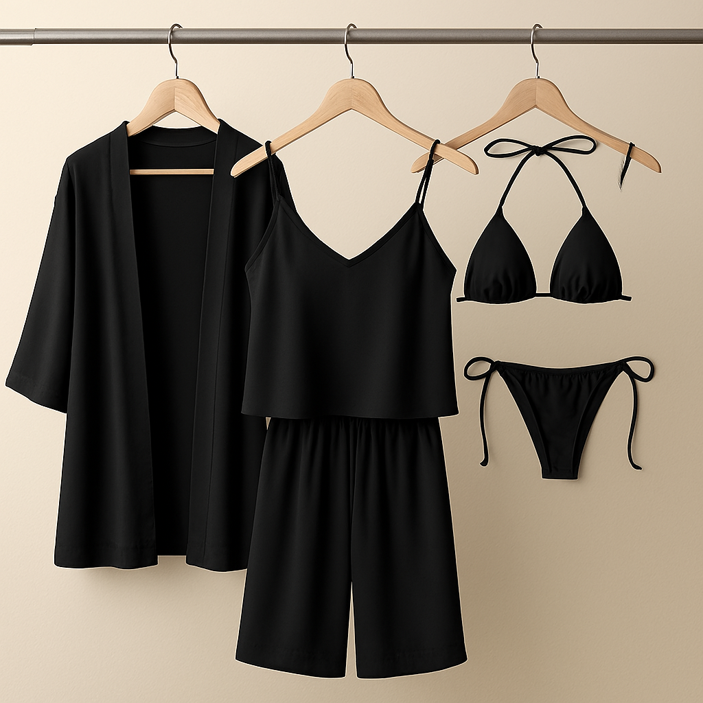 5-Piece Satin Sleepwear Set – Robe, Camisole, Pants & Bikini Nightwear ( DC-5002) View Gallery - Pakistan