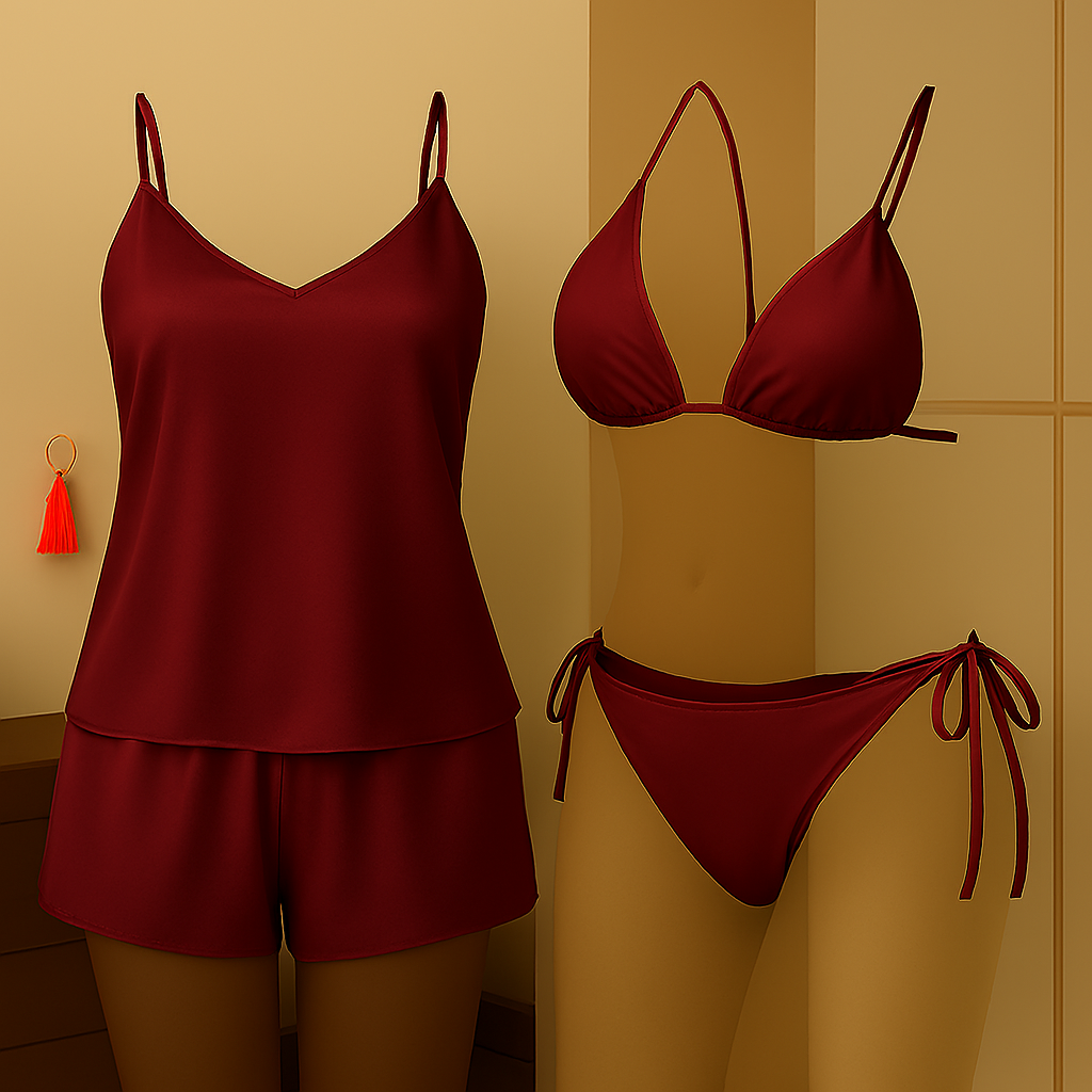 Premium Satin Sleepwear & Lingerie Combo for Women | Camisole, Shorts & Halter Bikini | Free Size | (DC-4002) View Gallery - Pakistan