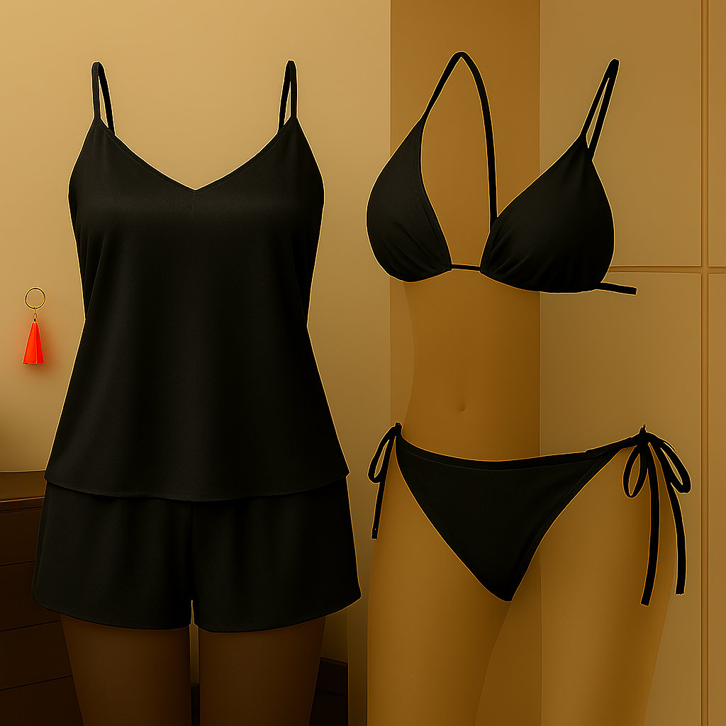 Premium Satin Sleepwear & Lingerie Combo for Women | Camisole, Shorts & Halter Bikini | Free Size | (DC-4002) View Gallery - Pakistan