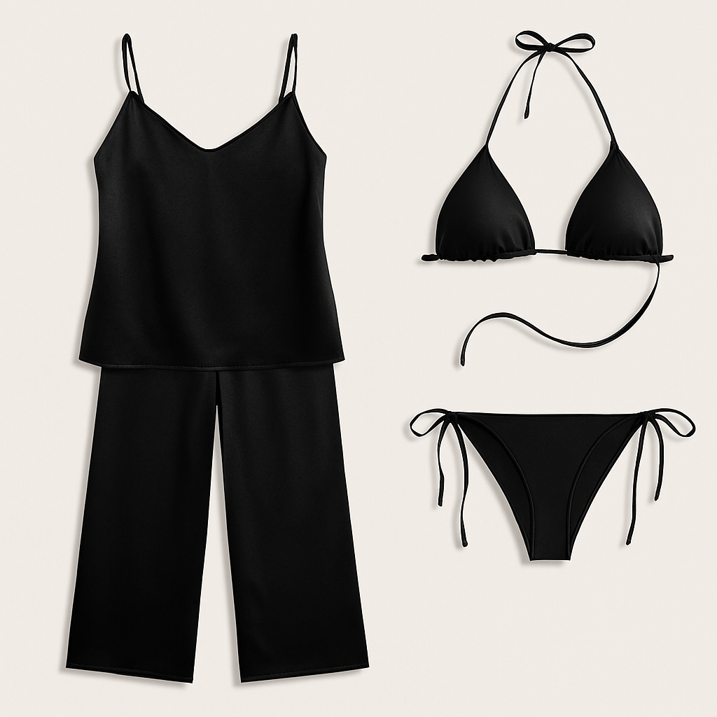 Satin Silk Camisole & Pajama with Bikini Set – Dual Style Nightwear for Women (DC-4003) View Gallery - Pakistan
