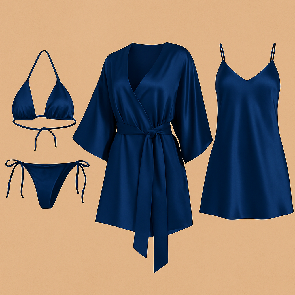 4 PCs-Style Satin Lingerie Set – Bikini, Slip Dress & Robe Combo – Free Size (DC-4001) View Gallery - Pakistan