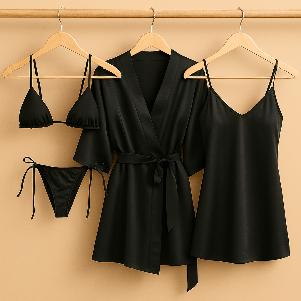 4 PCs-Style Satin Lingerie Set – Bikini, Slip Dress & Robe Combo – Free Size (DC-4001) View Gallery - Pakistan