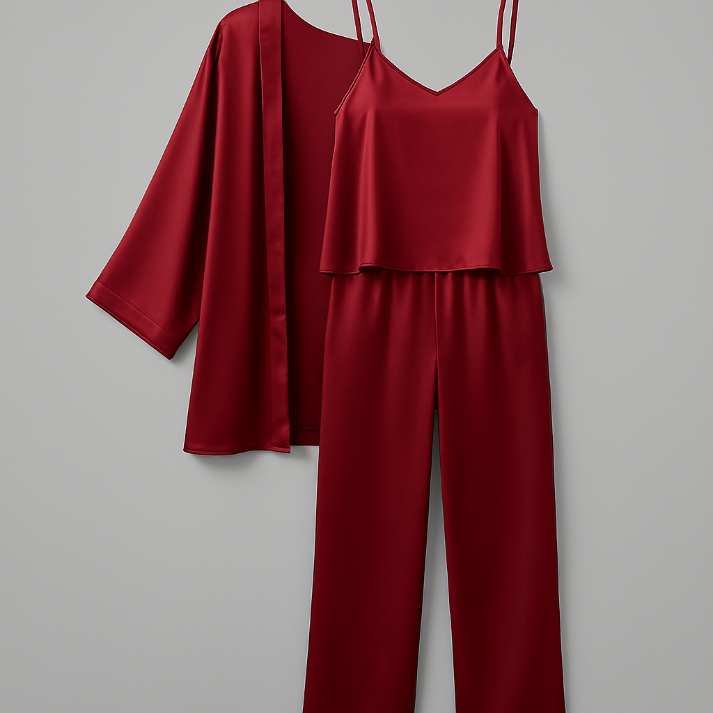 3-Piece Premium Satin Sleepwear Set for Women – Camisole, Pants & Robe | Nightwear & Loungewear | Free Size (DC-3002) View Gallery - Pakistan