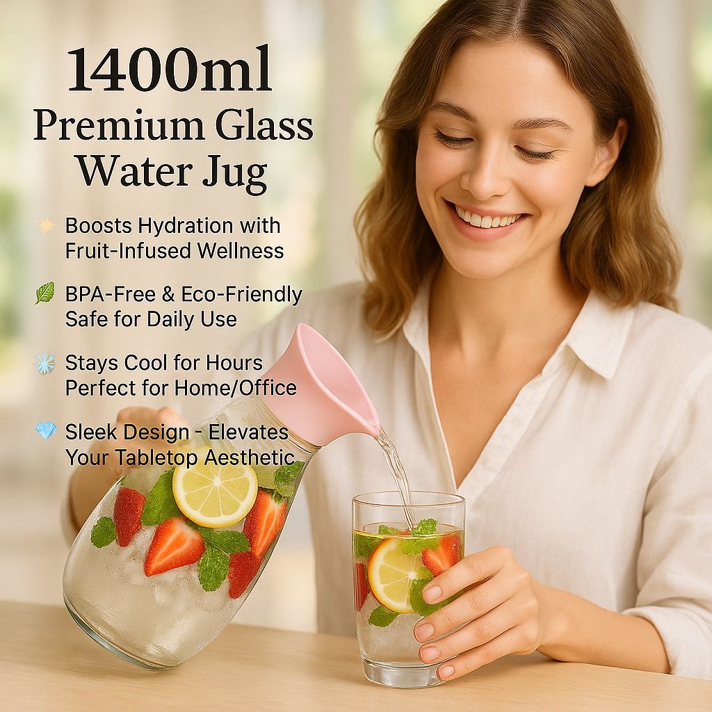 1400ml Hard Glass Water Jug with Lid – Heat-Resistant Pitcher for Water, Juice, Iced Tea, Milk &amp; Beverages View Gallery - Pakistan