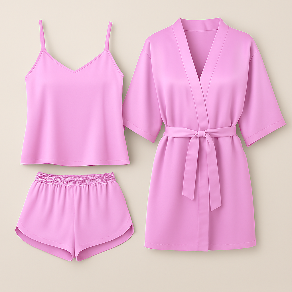 3-Piece Satin Sleepwear Set for Women – Camisole, Shorts & Robe | Elegant Nightwear & Loungewear – Free Size (DC-3003) View Gallery - Pakistan