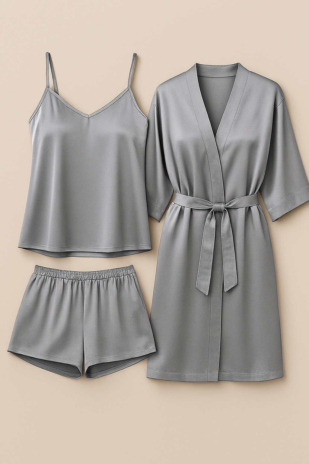 3-Piece Satin Sleepwear Set for Women – Camisole, Shorts & Robe | Elegant Nightwear & Loungewear – Free Size (DC-3003) View Gallery - Pakistan