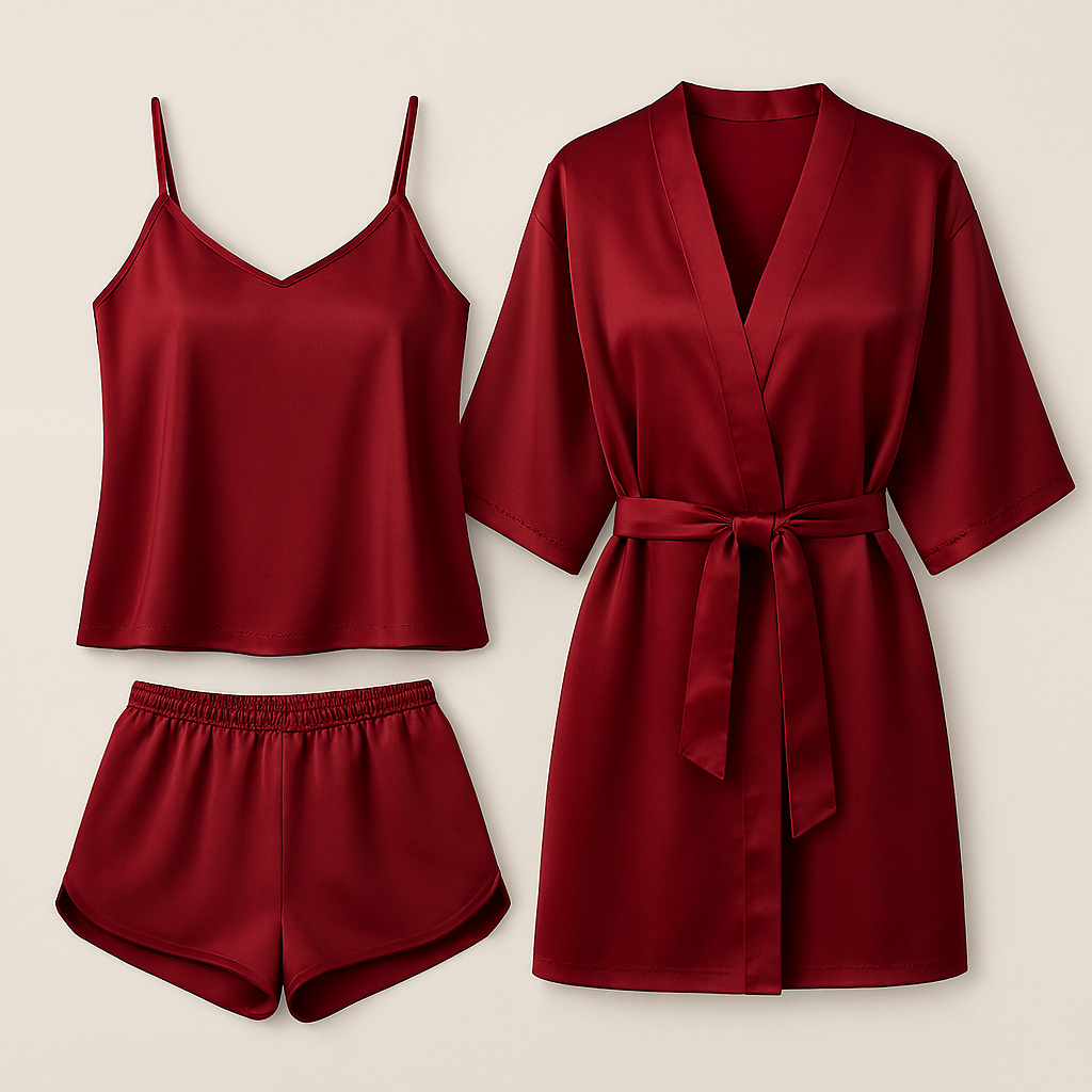 3-Piece Satin Sleepwear Set for Women – Camisole, Shorts & Robe | Elegant Nightwear & Loungewear – Free Size (DC-3003) View Gallery - Pakistan
