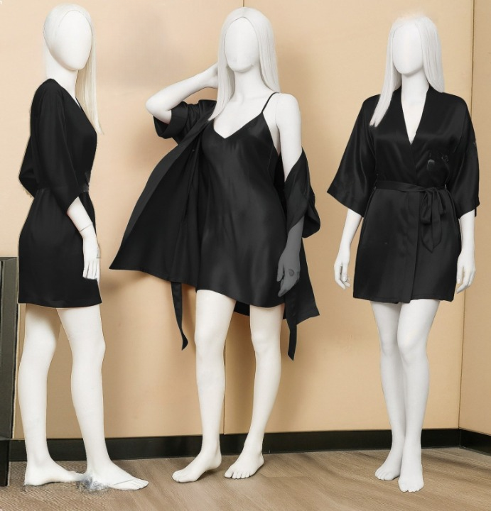 Premium Satin Sleepwear Set – Robe &amp; Spaghetti Strap Nightdress Combo for Women – Free Size (DC-2004)