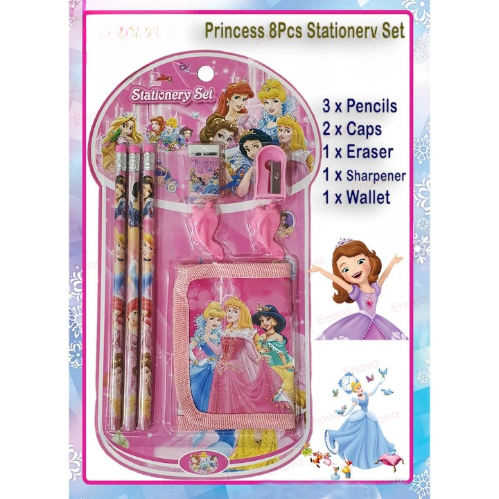 8 Pcs Disney Stationery Gift Set for Kids – Includes Pencils, Eraser, Sharpener, Pencil Caps &amp; Wallet (Random Character) View Gallery - Pakistan