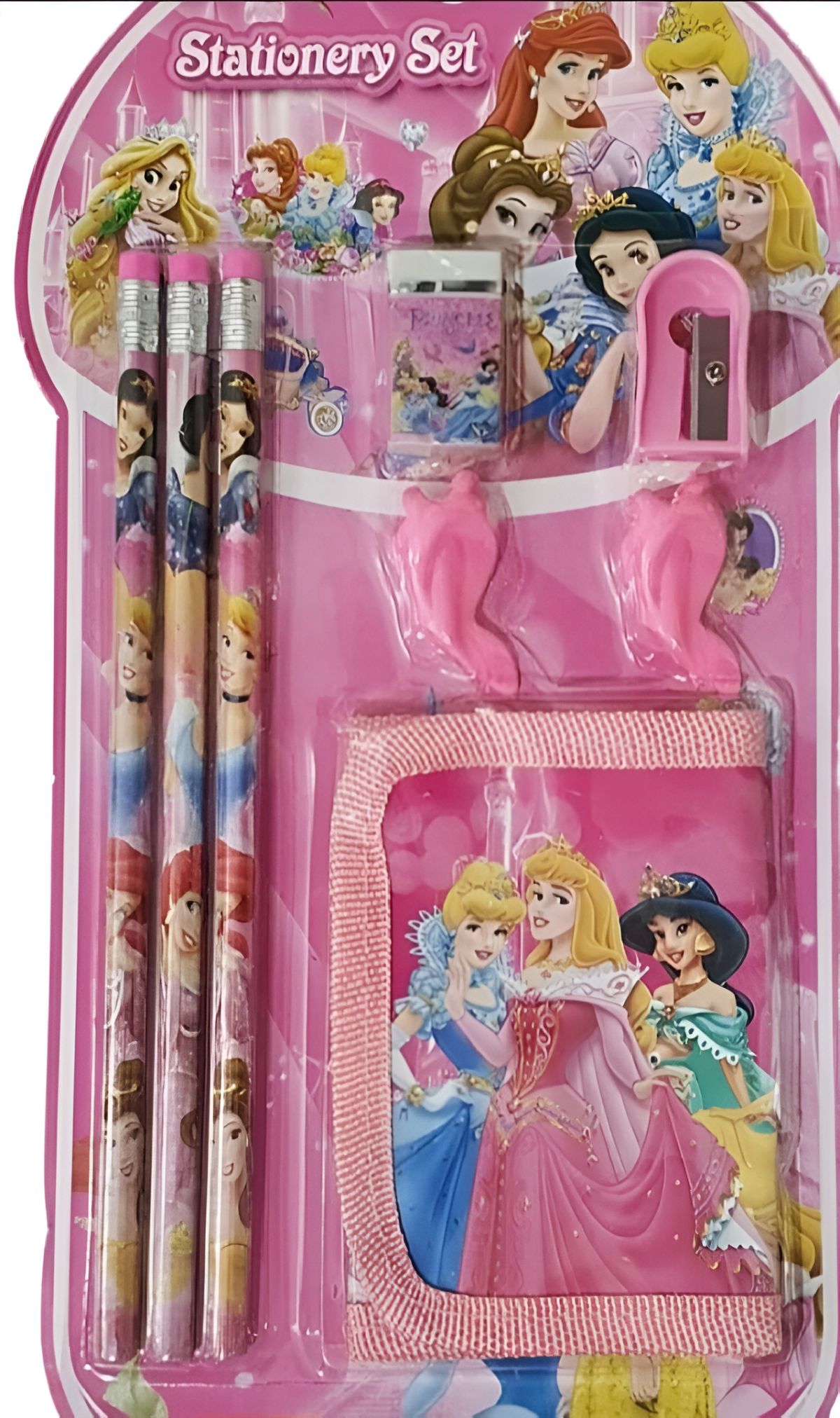 8 Pcs Disney Stationery Gift Set for Kids – Includes Pencils, Eraser, Sharpener, Pencil Caps &amp; Wallet (Random Character) View Gallery - Pakistan