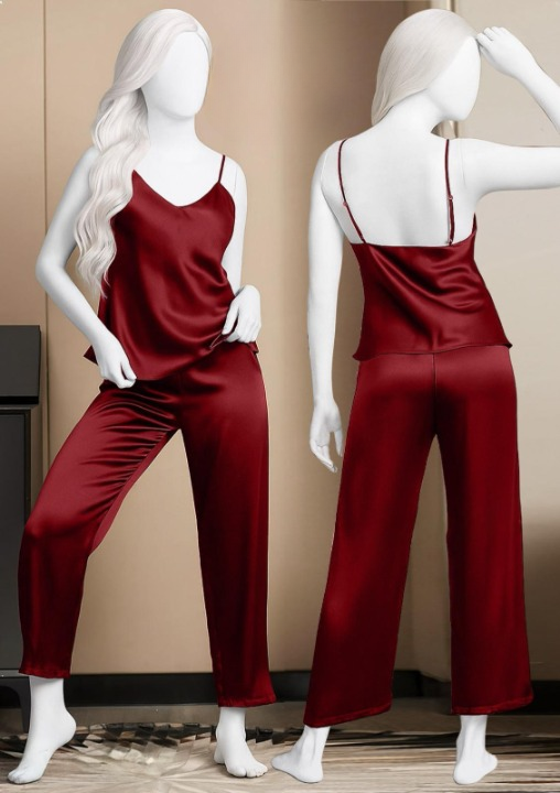 Satin Sleepwear Set – Spaghetti Top &amp; Loose Trouser – Free Size