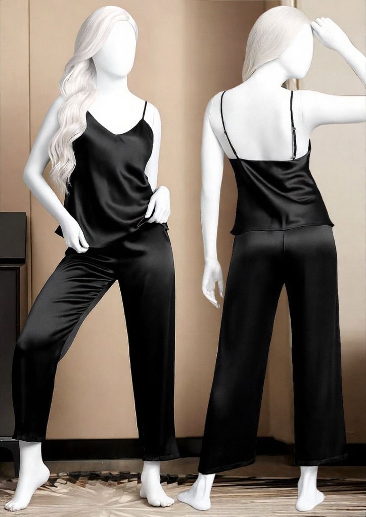 Satin Sleepwear Set – Spaghetti Top & Loose Trouser – Free Size View Gallery - Pakistan