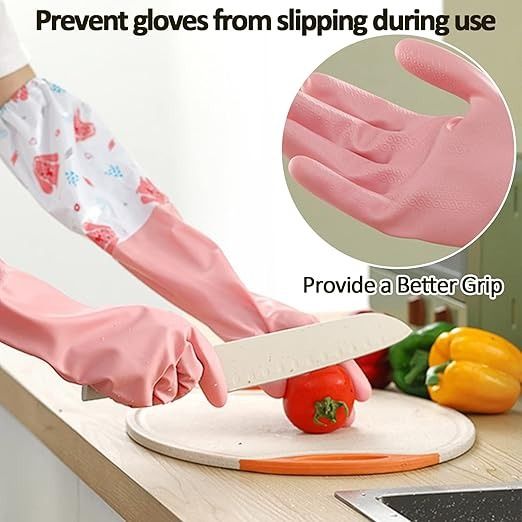 Long Reusable Dishwashing Gloves with Warm Fleece Lining – Extra Long Waterproof Rubber Cleaning Gloves, Anti-Slip, Heat Resistant for Kitchen, Laundry, and Household Use (Random Color) View Gallery - Pakistan