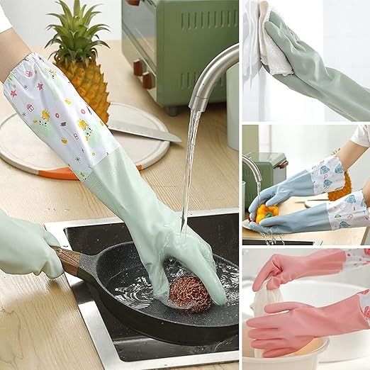 Long Reusable Dishwashing Gloves with Warm Fleece Lining – Extra Long Waterproof Rubber Cleaning Gloves, Anti-Slip, Heat Resistant for Kitchen, Laundry, and Household Use (Random Color) View Gallery - Pakistan