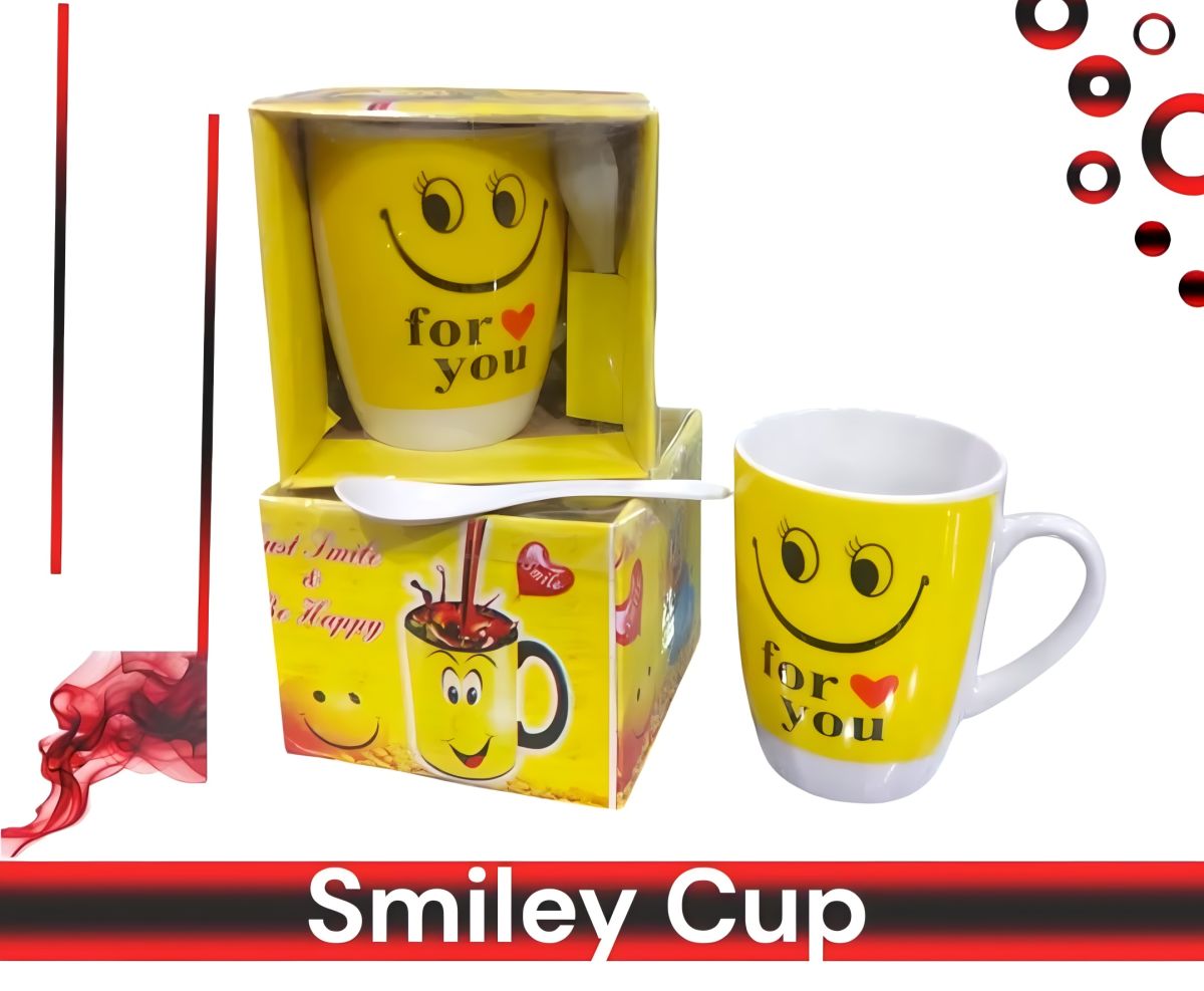 Smart and Cute Emoji Ceramic Smiley Cup with Spoon – Stylish Tea and Coffee Mug, Perfect Gift for Birthday, Celebration, and Decoration (Random Designs)