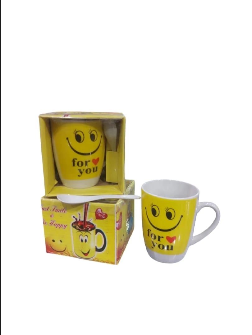 Smart and Cute Emoji Ceramic Smiley Cup with Spoon – Stylish Tea and Coffee Mug, Perfect Gift for Birthday, Celebration, and Decoration (Random Designs) View Gallery - Pakistan