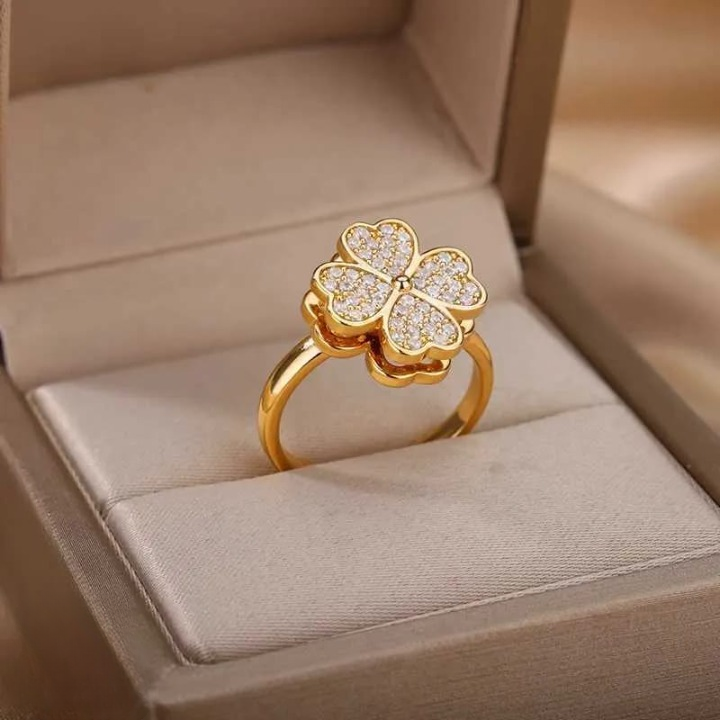 Clover Zircon Rotating Ring – Silver &amp; Golden, Adjustable Spinner Ring for Women (PWJ-111) View Gallery - Pakistan