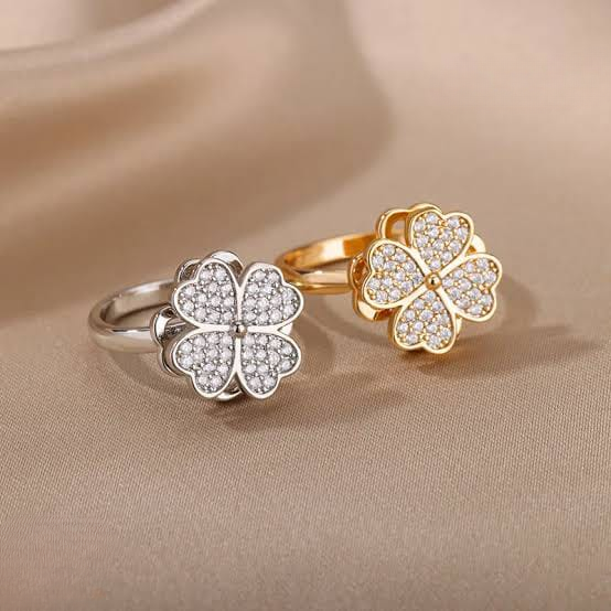 Clover Zircon Rotating Ring – Silver &amp; Golden, Adjustable Spinner Ring for Women (PWJ-111) View Gallery - Pakistan