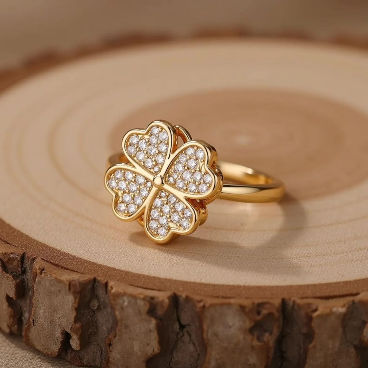 Clover Zircon Rotating Ring – Silver &amp; Golden, Adjustable Spinner Ring for Women (PWJ-111) View Gallery - Pakistan