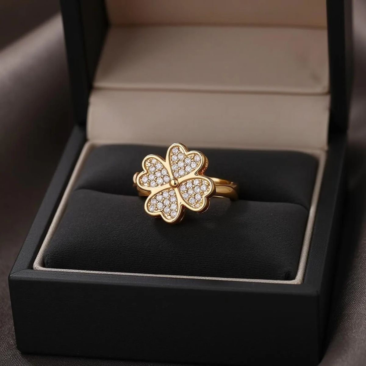 Clover Zircon Rotating Ring – Silver &amp; Golden, Adjustable Spinner Ring for Women (PWJ-111) View Gallery - Pakistan