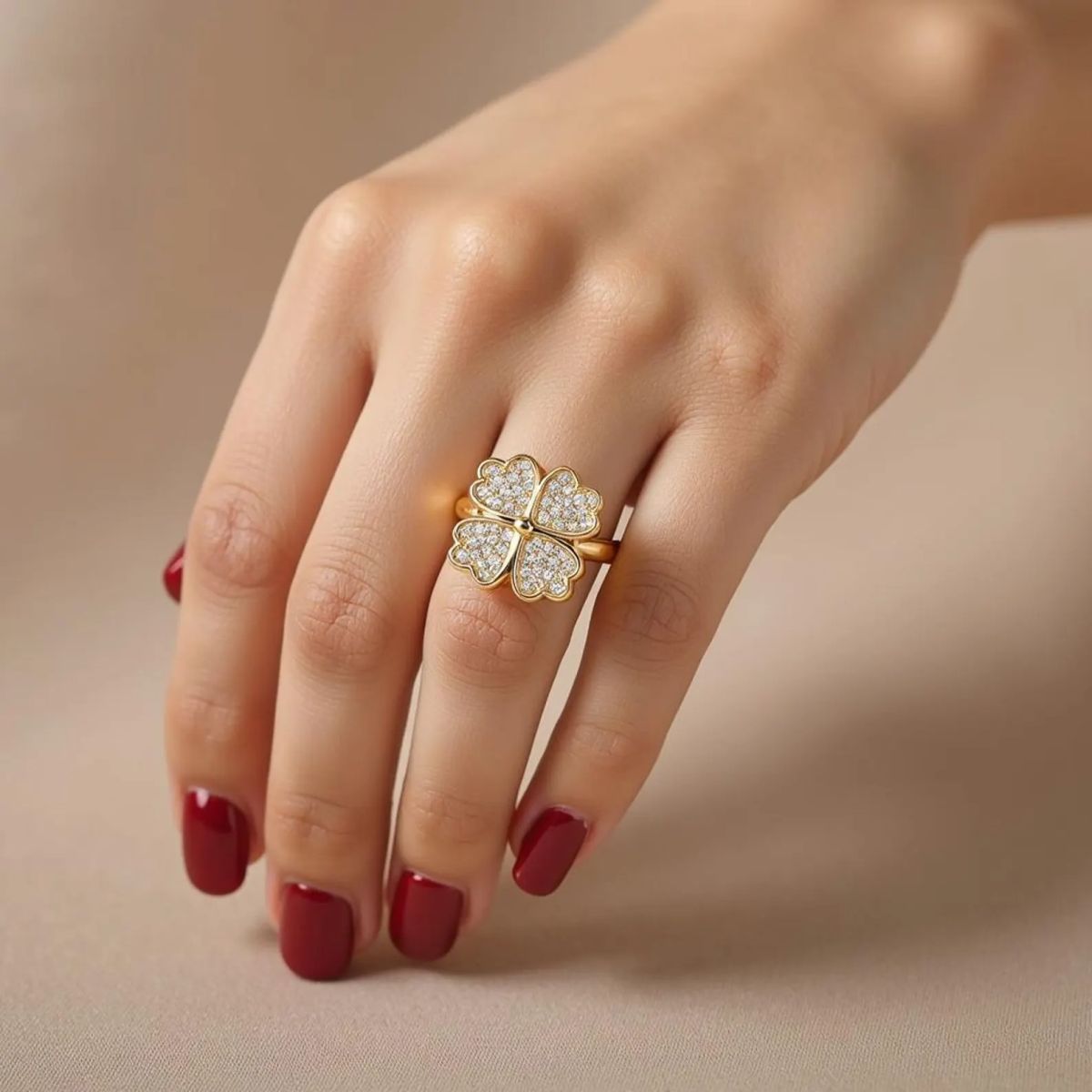 Clover Zircon Rotating Ring – Silver &amp; Golden, Adjustable Spinner Ring for Women (PWJ-111) View Gallery - Pakistan
