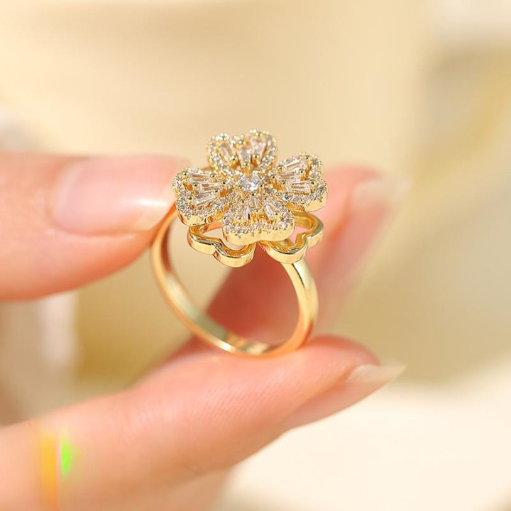 Clover Zircon Rotating Ring – Elegant Adjustable Spinner Ring for Women &amp; Girls, Silver &amp; Golden Finish (QSJ-110) View Gallery - Pakistan