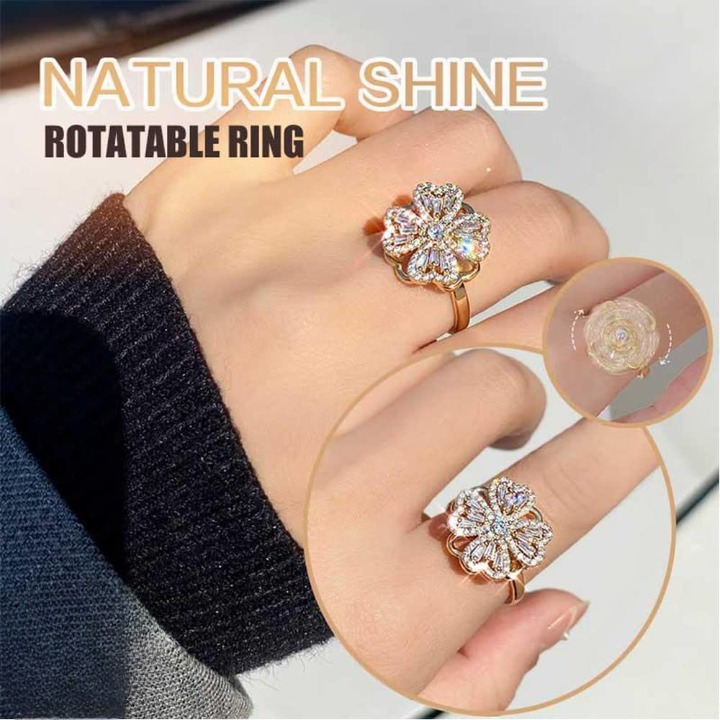 Clover Zircon Rotating Ring – Elegant Adjustable Spinner Ring for Women &amp; Girls, Silver &amp; Golden Finish (QSJ-110) View Gallery - Pakistan