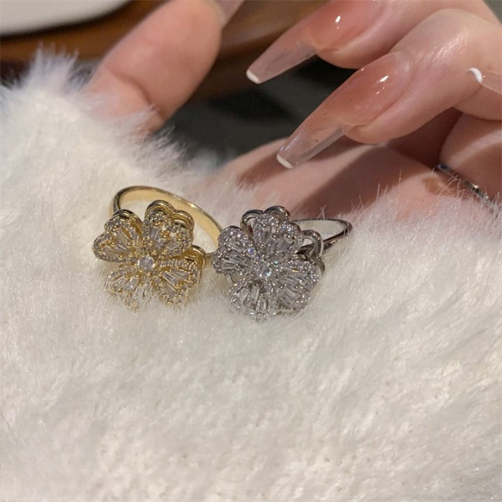 Clover Zircon Rotating Ring – Elegant Adjustable Spinner Ring for Women &amp; Girls, Silver &amp; Golden Finish (QSJ-110) View Gallery - Pakistan