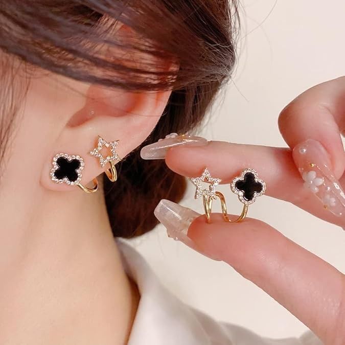 Sparkling Clover Star Earrings – Gold Plated Fashion Jewelry with Black Enamel &amp;amp; Crystal Detailing ( PXJ-107)