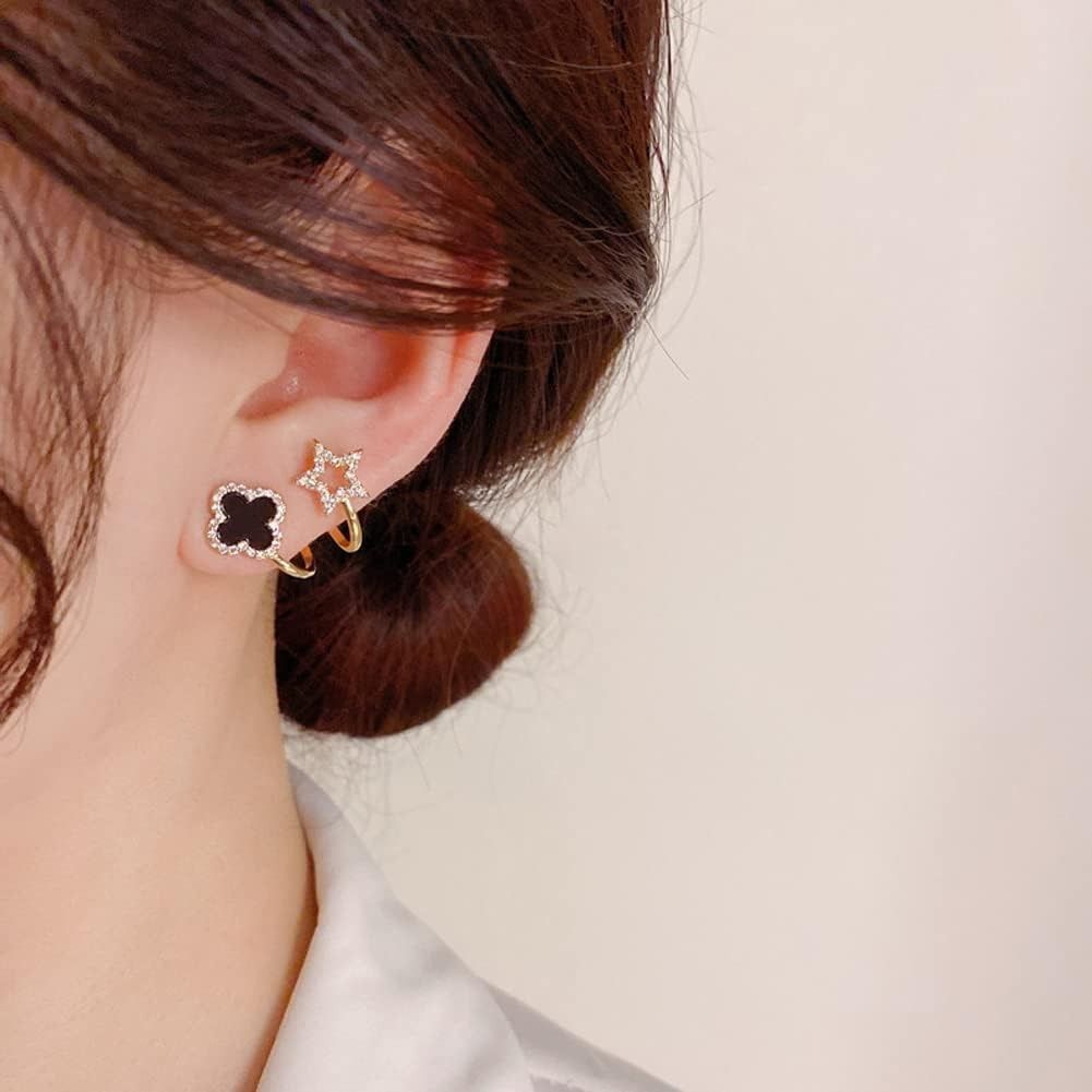 Sparkling Clover Star Earrings – Gold Plated Fashion Jewelry with Black Enamel &amp; Crystal Detailing ( PXJ-107) View Gallery - Pakistan
