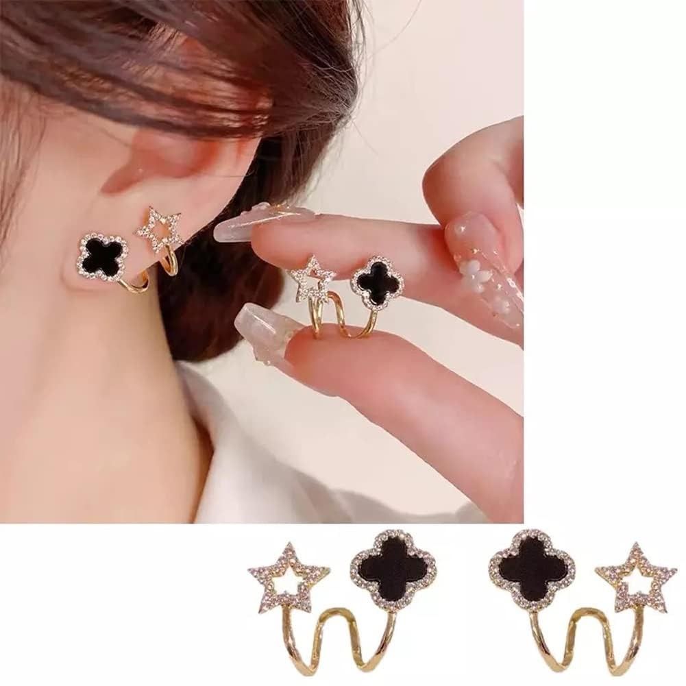 Sparkling Clover Star Earrings – Gold Plated Fashion Jewelry with Black Enamel &amp; Crystal Detailing ( PXJ-107) View Gallery - Pakistan