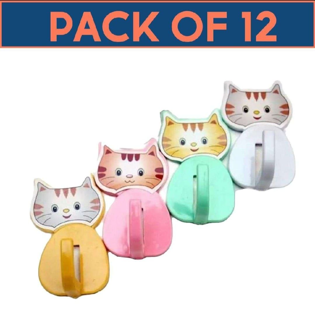 12 Pcs Cat Kitty Wall Hooks – Metallic Wall Hooks for Keys, Kitchen, Bathroom, and Home Organization (Random Colors)