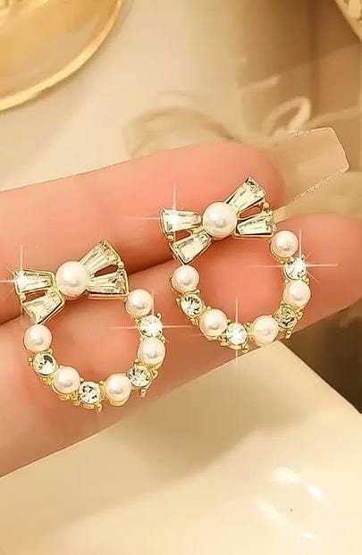Pearl Bow Korean Zircon Earrings for Women – Elegant Bowknot Design with Sparkling Zircon and Pearl Accents | Premium Golden and Silver Fashion Jewelry for Weddings, Parties, and Everyday Wear | AXT-100 View Gallery - Pakistan