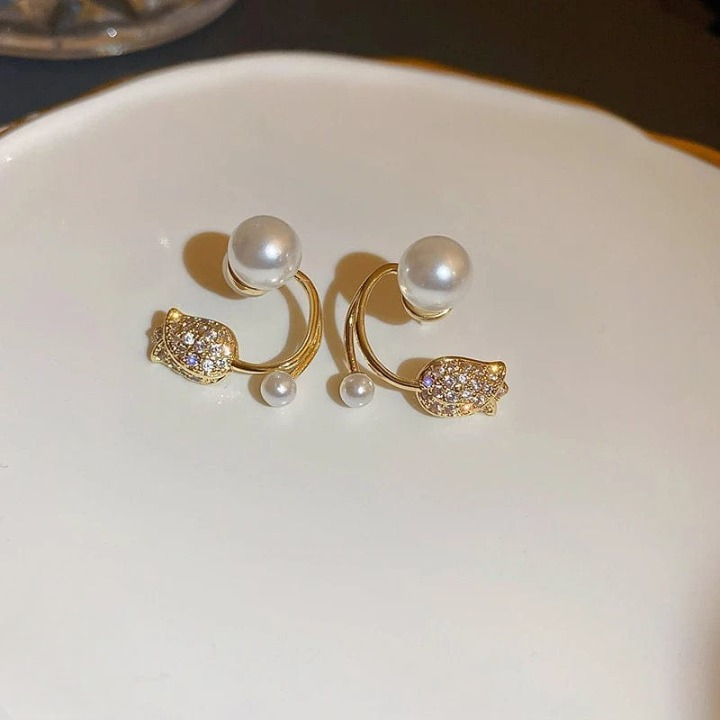 Beautiful Pearl Zircon Korean Flower Earrings for Women – Elegant Floral Design with Sparkling Zircon and Pearl Detailing | Premium Silver and Golden Fashion Jewelry for Parties, Weddings, and Daily Wear | AWT-999 View Gallery - Pakistan