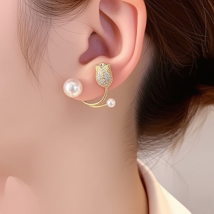Beautiful Pearl Zircon Korean Flower Earrings for Women – Elegant Floral Design with Sparkling Zircon and Pearl Detailing | Premium Silver and Golden Fashion Jewelry for Parties, Weddings, and Daily Wear | AWT-999 View Gallery - Pakistan