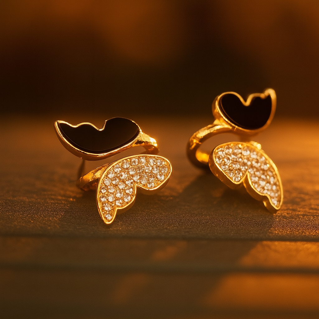 Zircon Butterfly Style Earrings for Women – Elegant Golden &amp;amp; Silver Studs with Black Enamel and Sparkling Stones (AWJ-997)