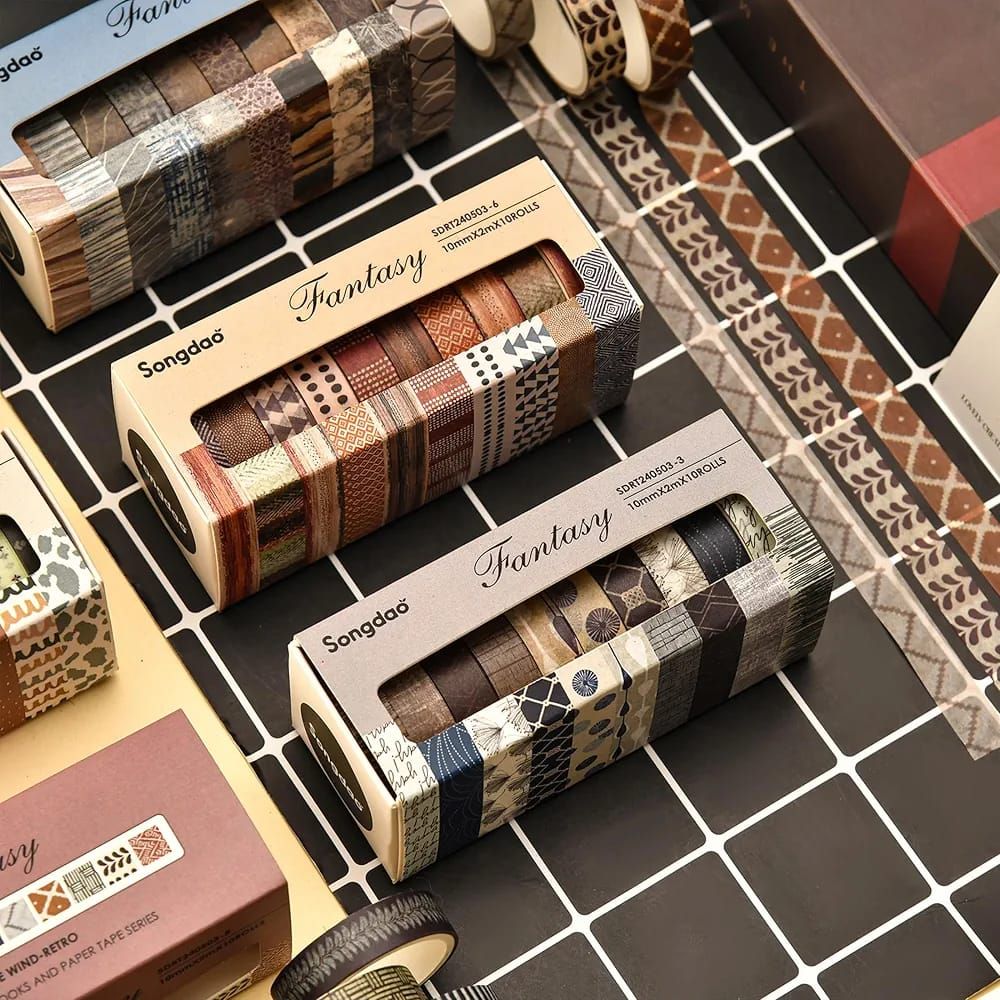 Songdao 10 Rolls Fantasy Washi Tape Set Texture Arts Adhesive Tapes Basic Patterns Decorative Masking Tape Sets for Craft, Kids, Scrapbook, DIY, Gift Wrapping (Style Four)