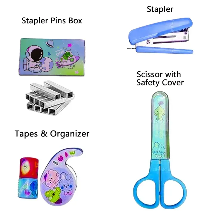 Space-Themed Stationery Set for Students and Office Use – 6-Piece Desk Organizer Kit with Stapler, Staple Pins, Scissors, Mini Washi Tapes, and Tape Dispenser – Creative Back-to-School and Gift Set (Random Color) View Gallery - Pakistan