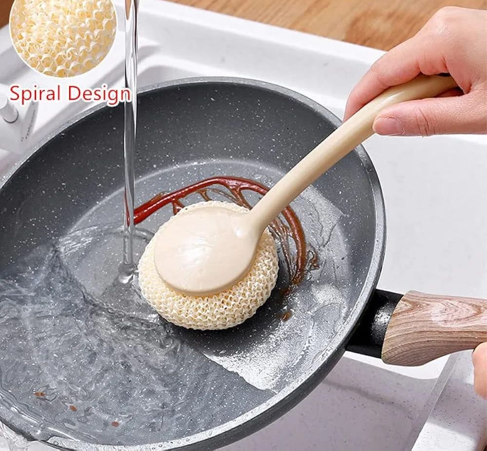 Multipurpose Fiber Cleaning Balls with Long Handle – Reusable Scrubbers for Kitchen &amp; Household Cleaning (1 Handle &amp; 3 Balls)(Random color) View Gallery - Pakistan