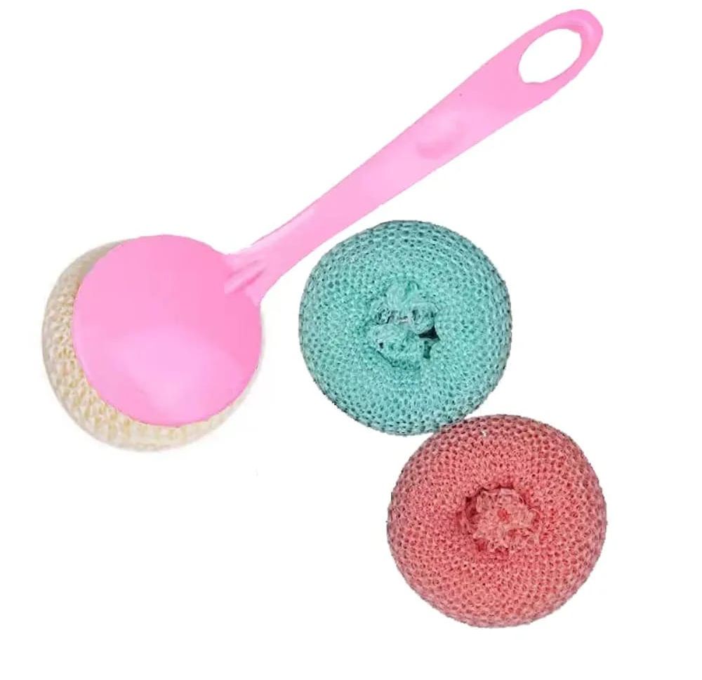Multipurpose Fiber Cleaning Balls with Long Handle – Reusable Scrubbers for Kitchen &amp; Household Cleaning (1 Handle &amp; 3 Balls)(Random color) View Gallery - Pakistan
