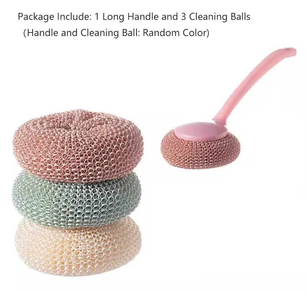 Multipurpose Fiber Cleaning Balls with Long Handle – Reusable Scrubbers for Kitchen &amp; Household Cleaning (1 Handle &amp; 3 Balls)(Random color) View Gallery - Pakistan